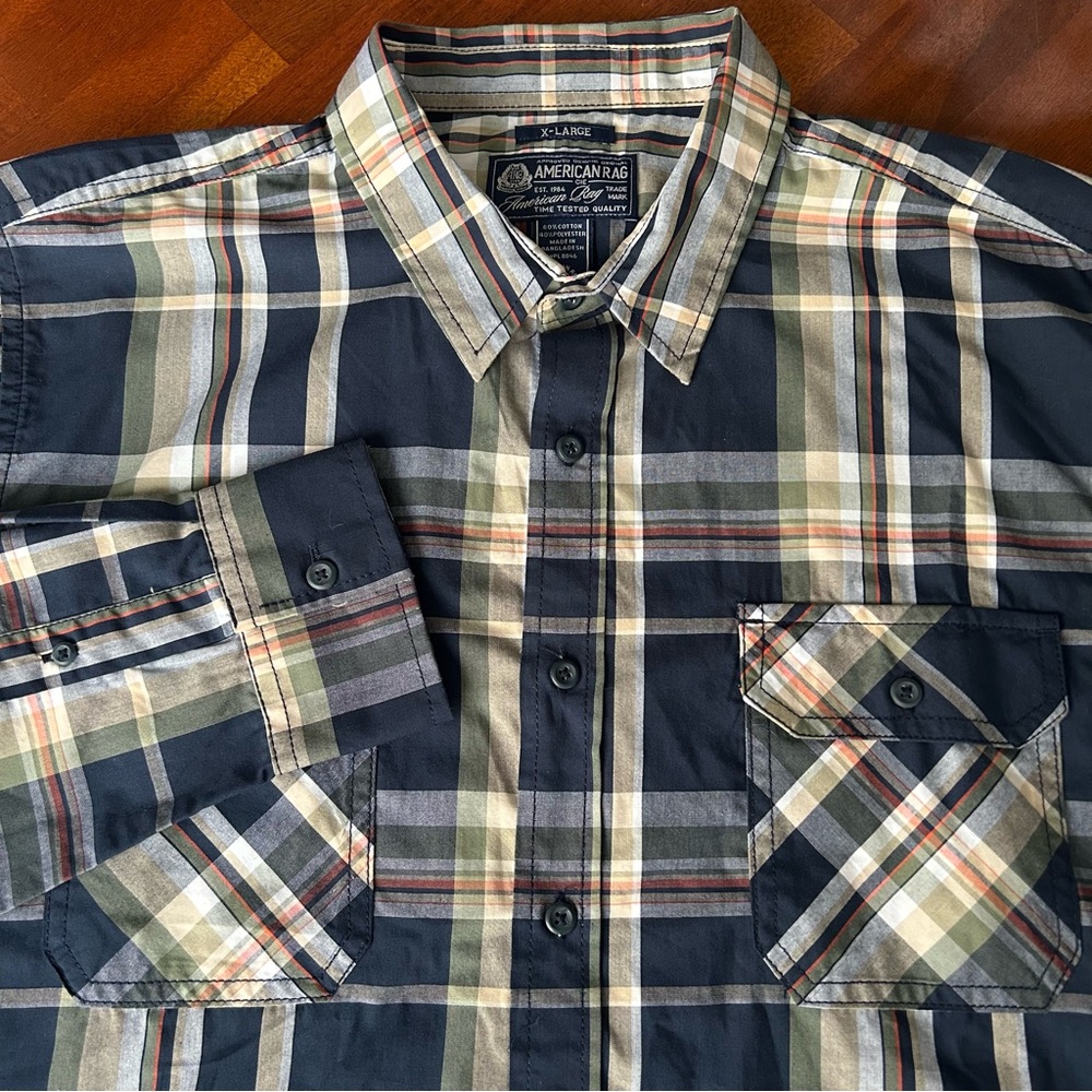NEW American Rag Navy Green White Plaid Long Sleeve Button Down Woven Shirt